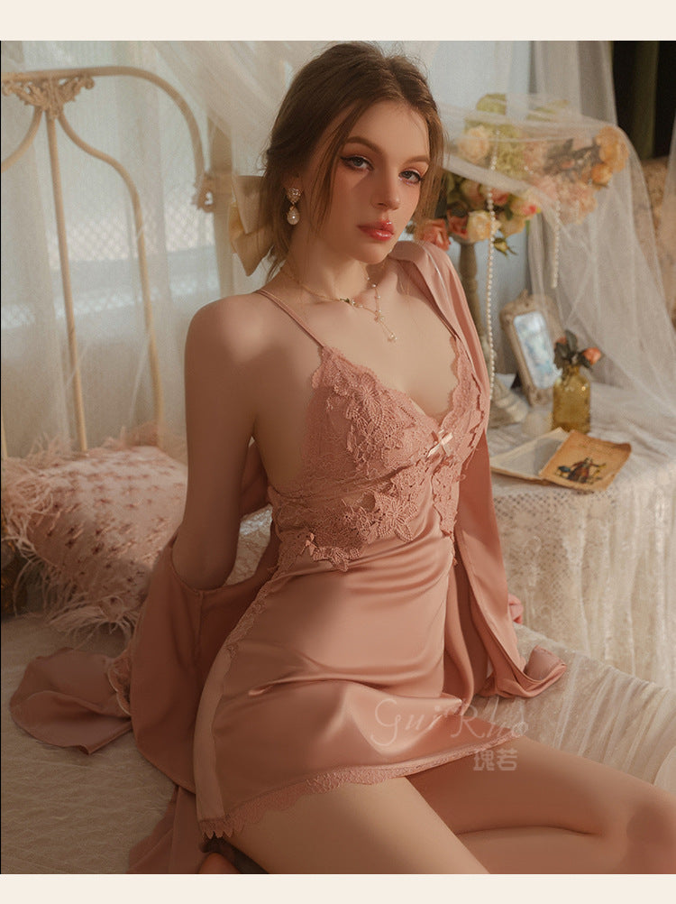 Crisscross Backless Embroidered Lace  Robe Set - Women's Luxurious Loungewear