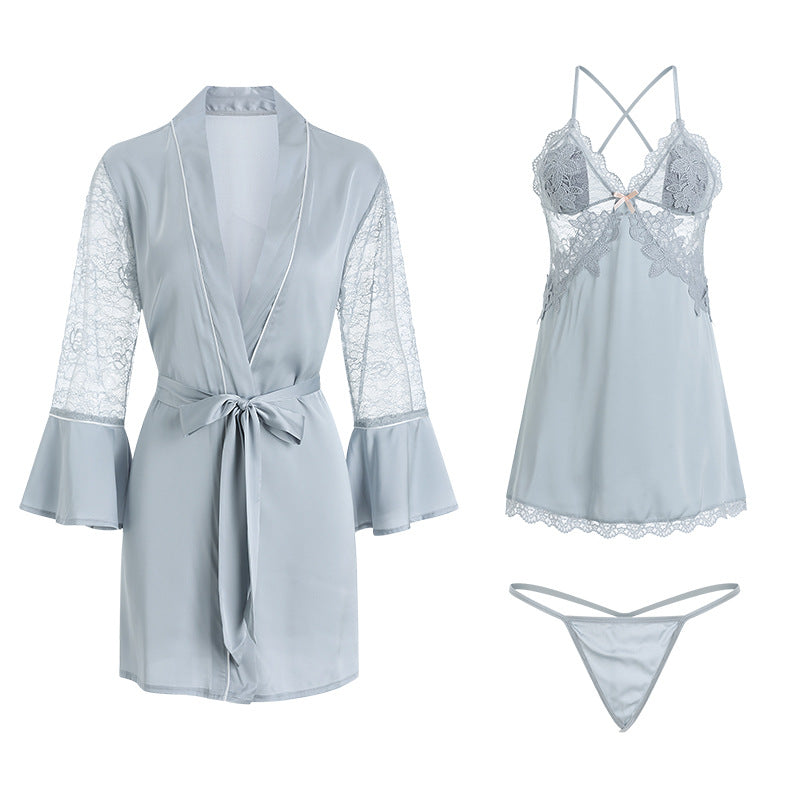 Crisscross Backless Embroidered Lace  Robe Set - Women's Luxurious Loungewear